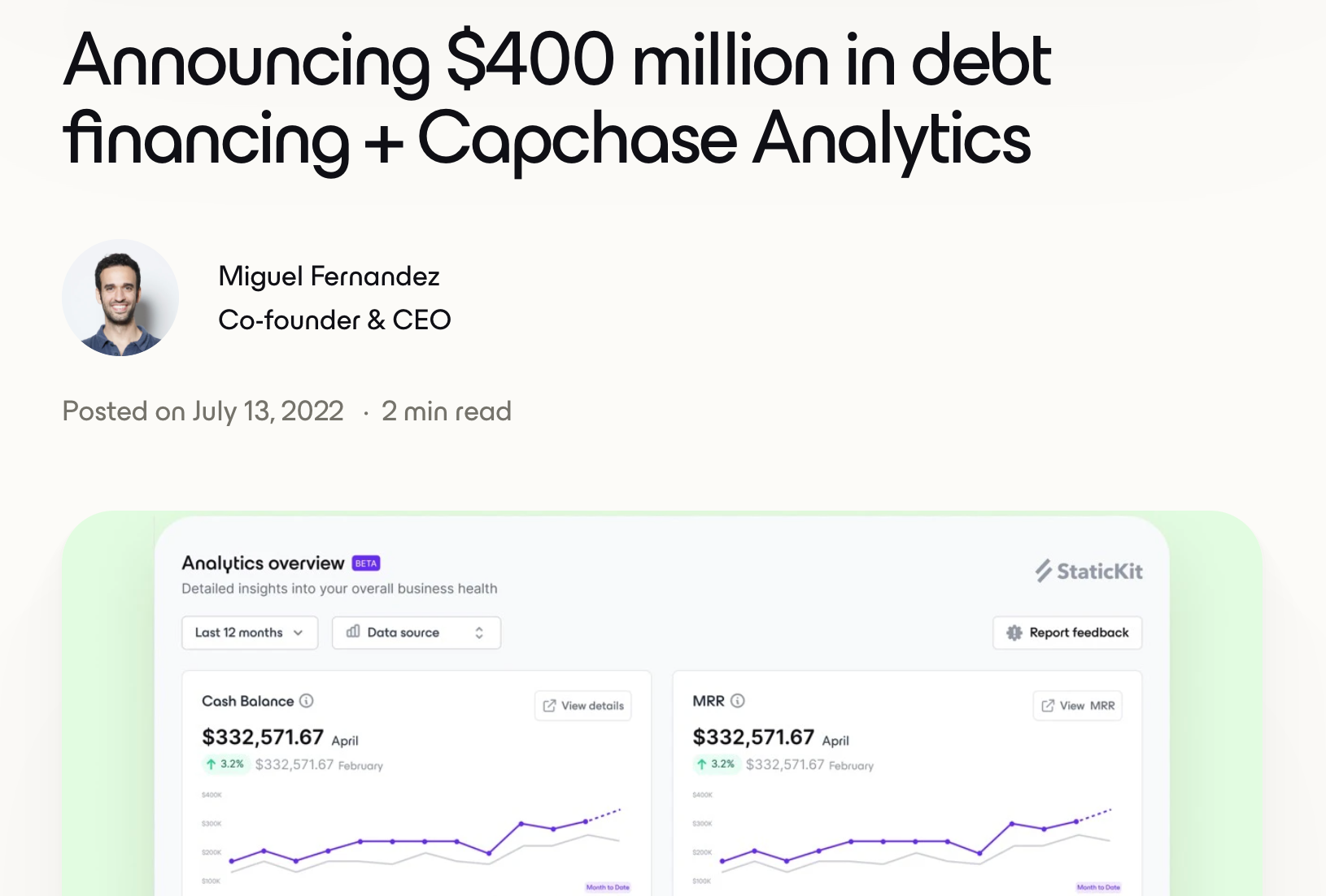 6478b88d6b72b4690a8307f3_announcing-400-million-in-debt-financing-capchase-analytics-image